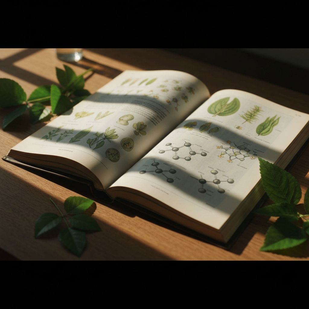 Абстрактно изображение на отворена книга с научни формули и схеми, заобиколена от мека светлина и природни елементи, символизираща знание и естествено произхождение